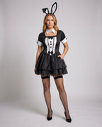Women's black and white tuxedo bunny Halloween costume with bunny ears headband and tiered mini skirt