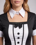 Women's black and white tuxedo bunny Halloween costume with bunny ears headband and tiered mini skirt - view 2