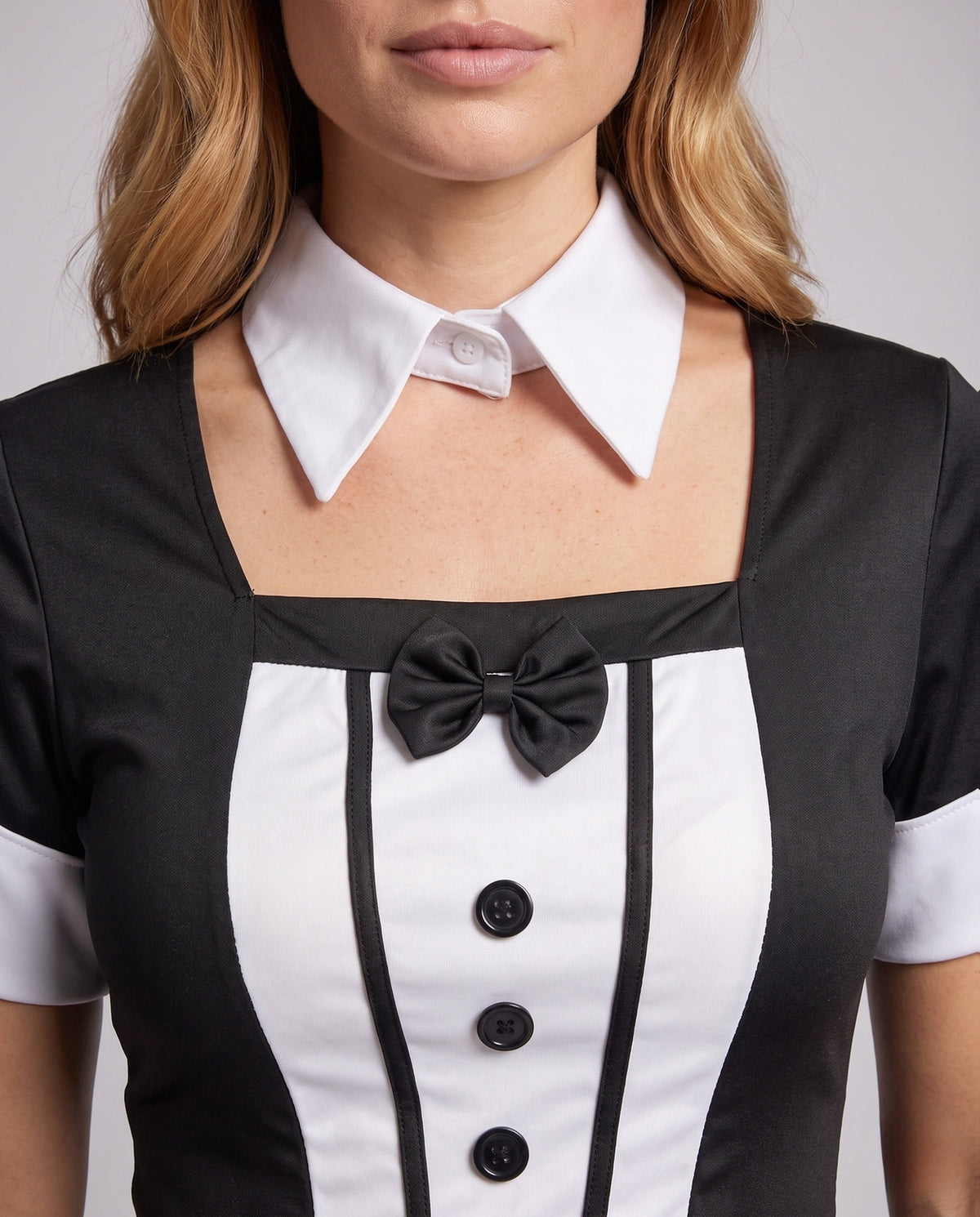 Women's black and white tuxedo bunny Halloween costume with bunny ears headband and tiered mini skirt - view 2