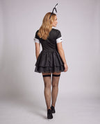 Women's black and white tuxedo bunny Halloween costume with bunny ears headband and tiered mini skirt - view 3