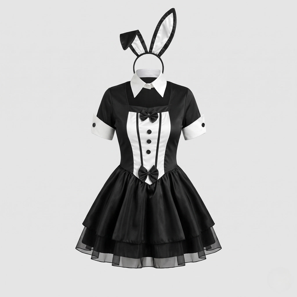 Women's black and white tuxedo bunny Halloween costume with bunny ears headband and tiered mini skirt - view 4