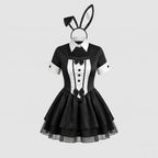 Women's black and white tuxedo bunny Halloween costume with bunny ears headband and tiered mini skirt - view 4