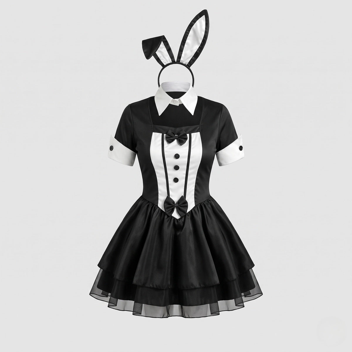 Women's black and white tuxedo bunny Halloween costume with bunny ears headband and tiered mini skirt - view 4