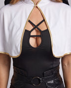 Women's nun Halloween costume with black keyhole mini dress, gold-trim white capelet, headpiece and O-ring belt - view 2