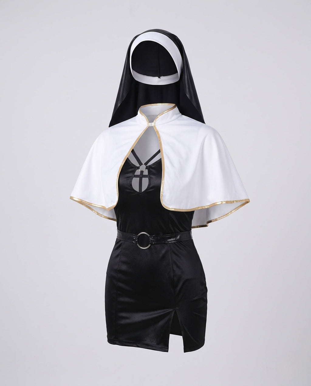 Women's nun Halloween costume with black keyhole mini dress, gold-trim white capelet, headpiece and O-ring belt - view 4