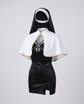Women's nun Halloween costume with black keyhole mini dress, gold-trim white capelet, headpiece and O-ring belt - view 4