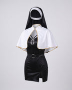 Women's nun Halloween costume with black keyhole mini dress, gold-trim white capelet, headpiece and O-ring belt - view 4
