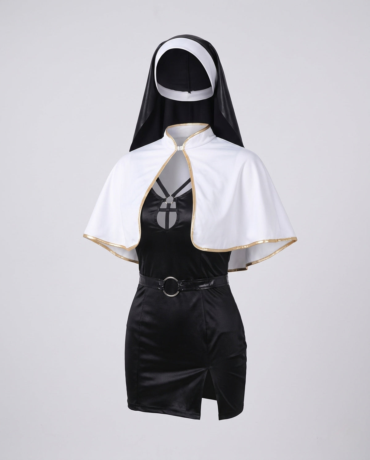 Women's nun Halloween costume with black keyhole mini dress, gold-trim white capelet, headpiece and O-ring belt - view 4