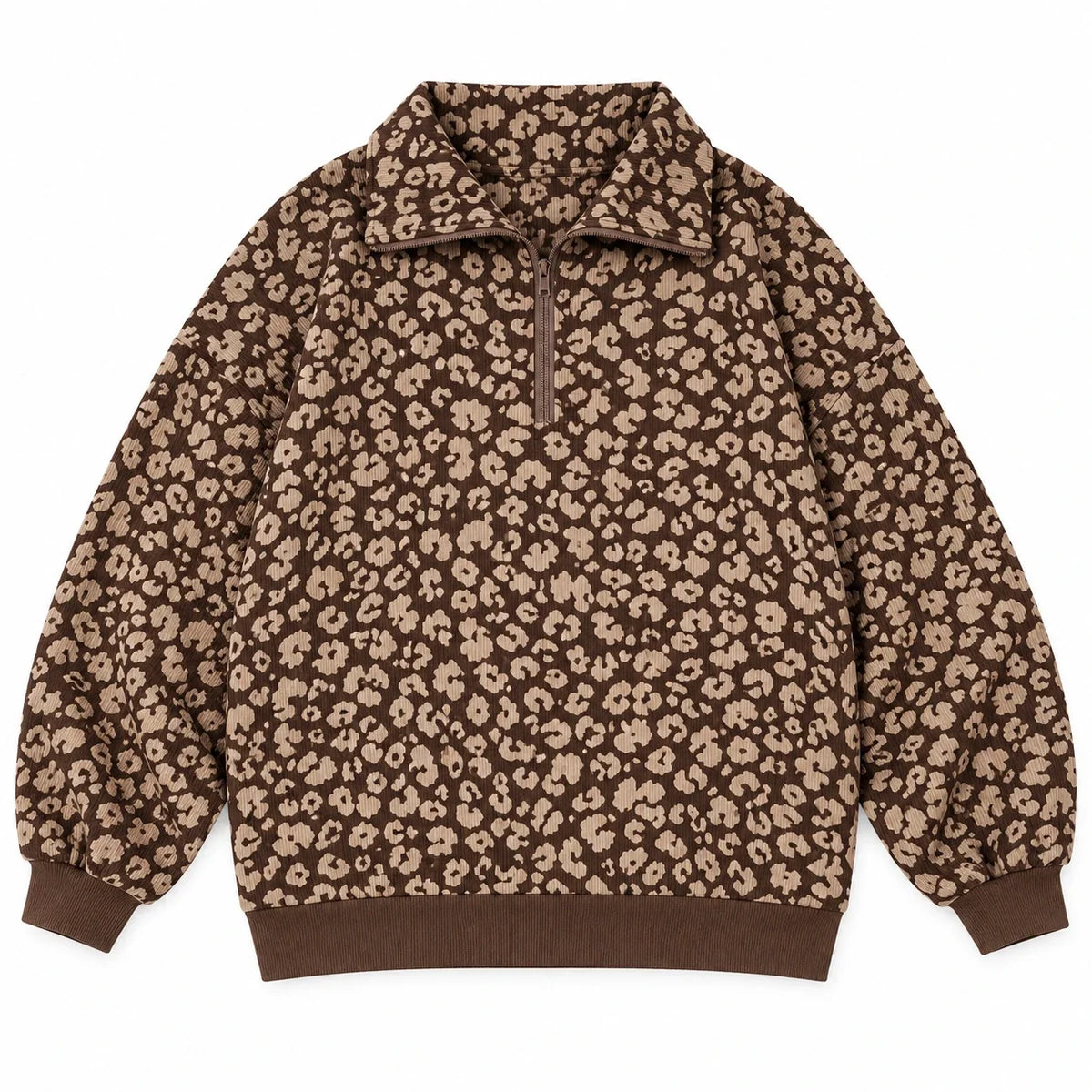 Woman wearing an oversized quarter zip sweatshirt in dark brown leopard print ribbed knit with black leggings - view 11