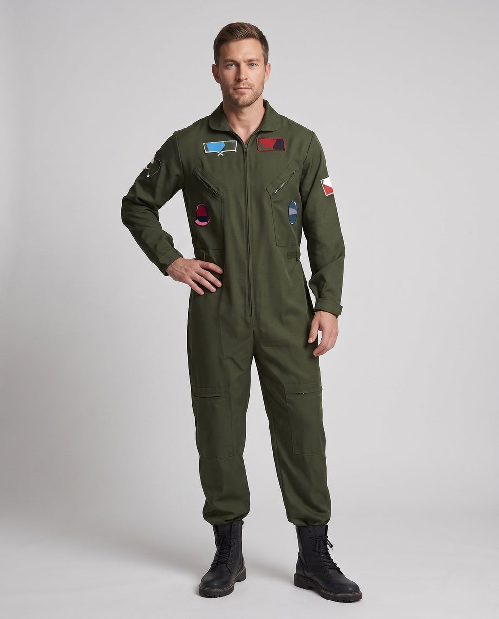 Men's olive green flight suit Halloween costume with zip front and embroidered patches