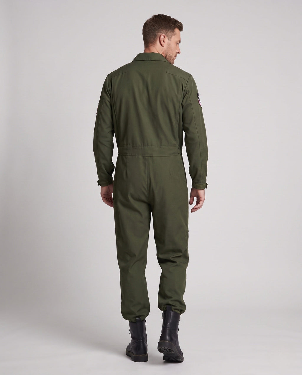 Men's olive green flight suit Halloween costume with zip front and embroidered patches - view 3