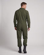 Men's olive green flight suit Halloween costume with zip front and embroidered patches - view 3
