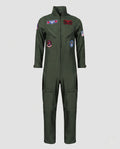 Men's olive green flight suit Halloween costume with zip front and embroidered patches - view 4