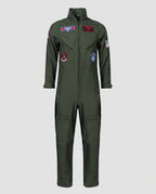 Men's olive green flight suit Halloween costume with zip front and embroidered patches - view 4