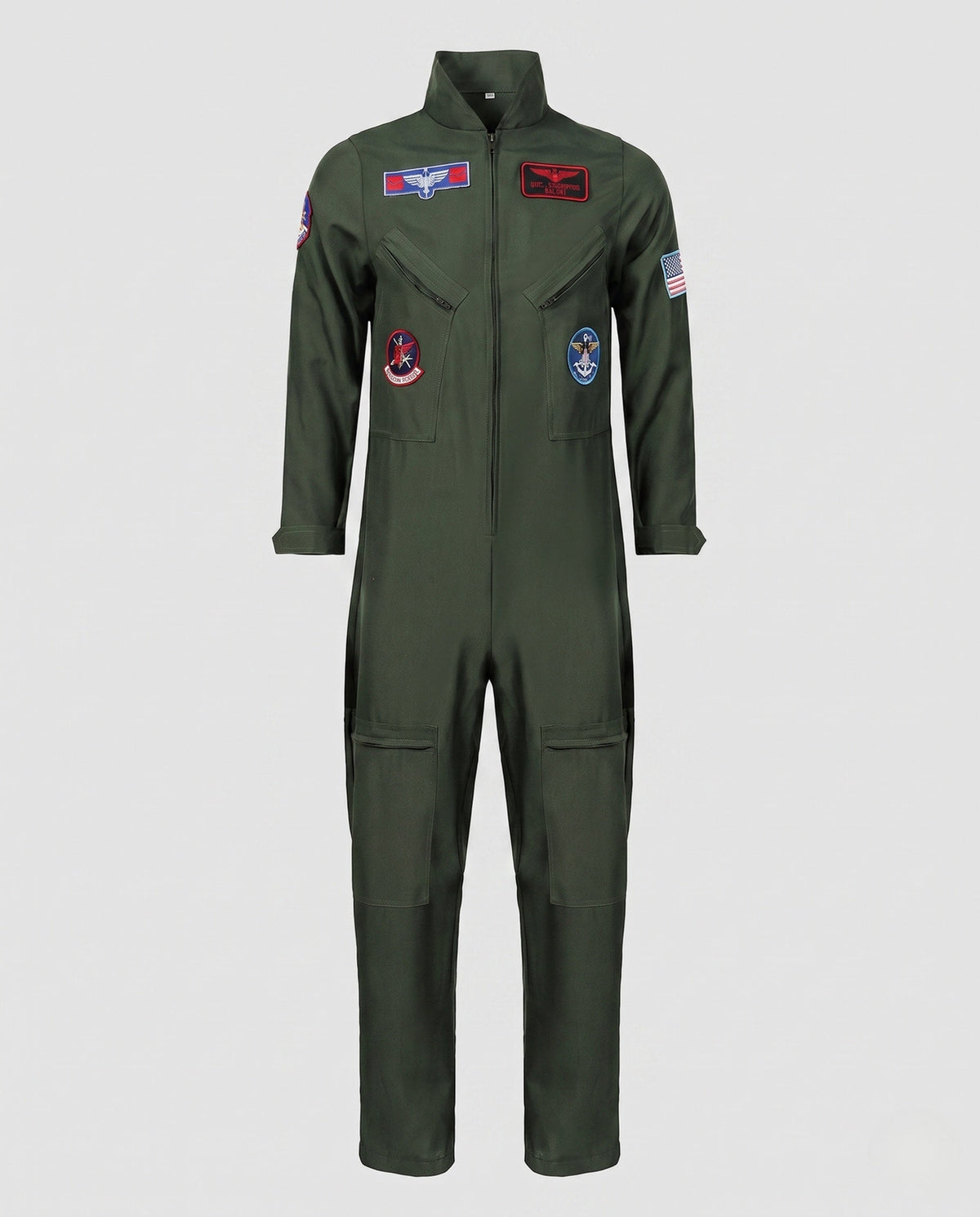 Men's olive green flight suit Halloween costume with zip front and embroidered patches - view 4