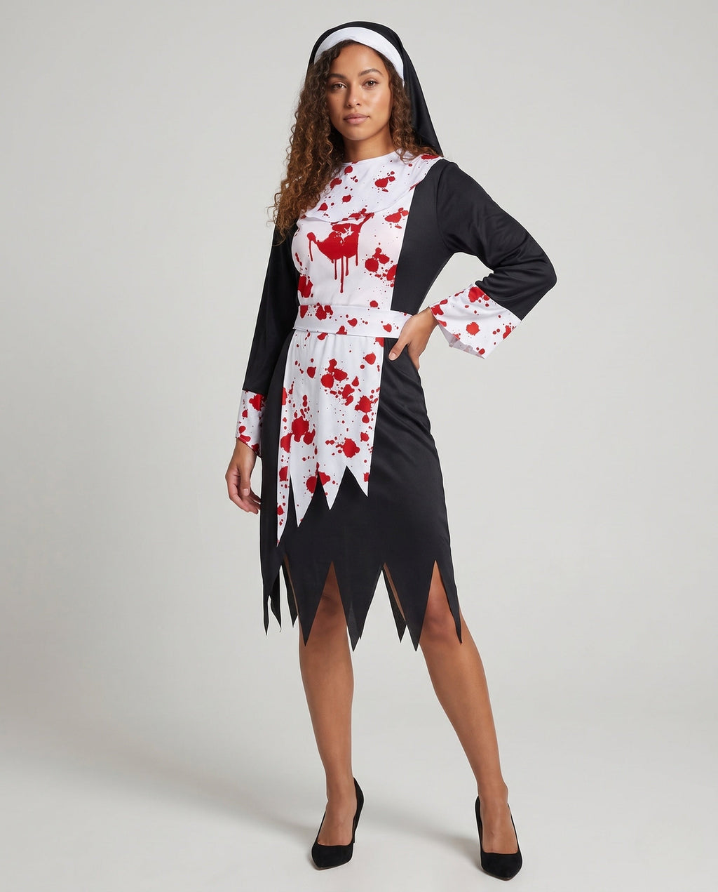 Women's bloody nun Halloween costume, black long sleeve dress with white blood-splatter panel, tie belt and veil