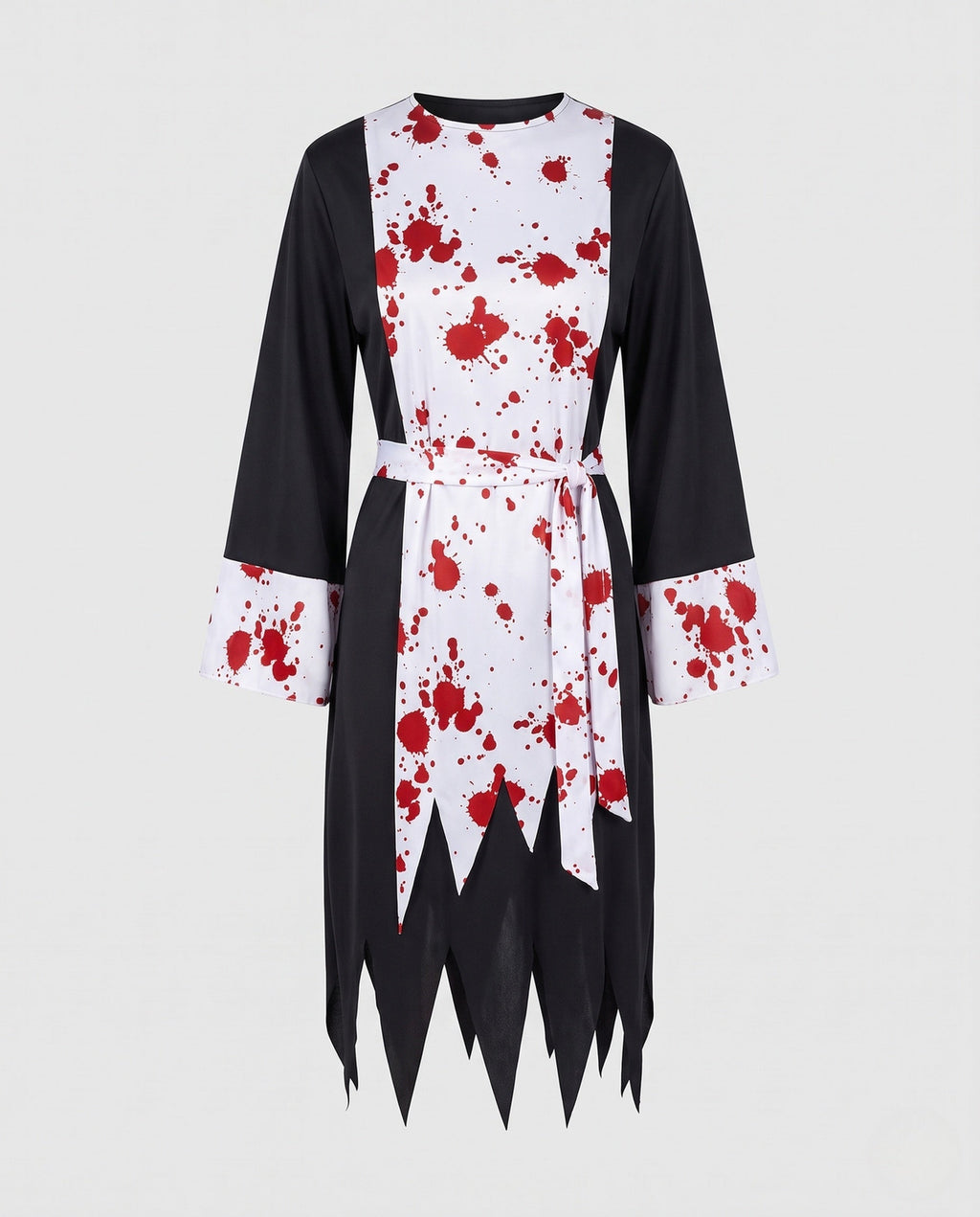 Women's bloody nun Halloween costume, black long sleeve dress with white blood-splatter panel, tie belt and veil - view 4