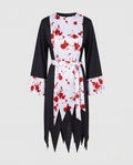 Women's bloody nun Halloween costume, black long sleeve dress with white blood-splatter panel, tie belt and veil - view 4