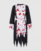Women's bloody nun Halloween costume, black long sleeve dress with white blood-splatter panel, tie belt and veil - view 4