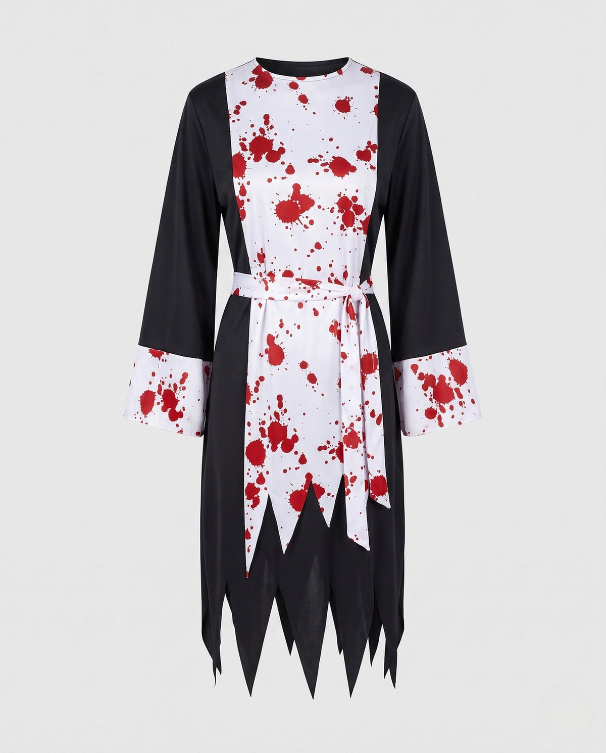 Women's bloody nun Halloween costume, black long sleeve dress with white blood-splatter panel, tie belt and veil - view 4
