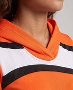 Women's hooded clownfish Halloween costume mini dress in orange with white and black stripes and tail fin - view 2
