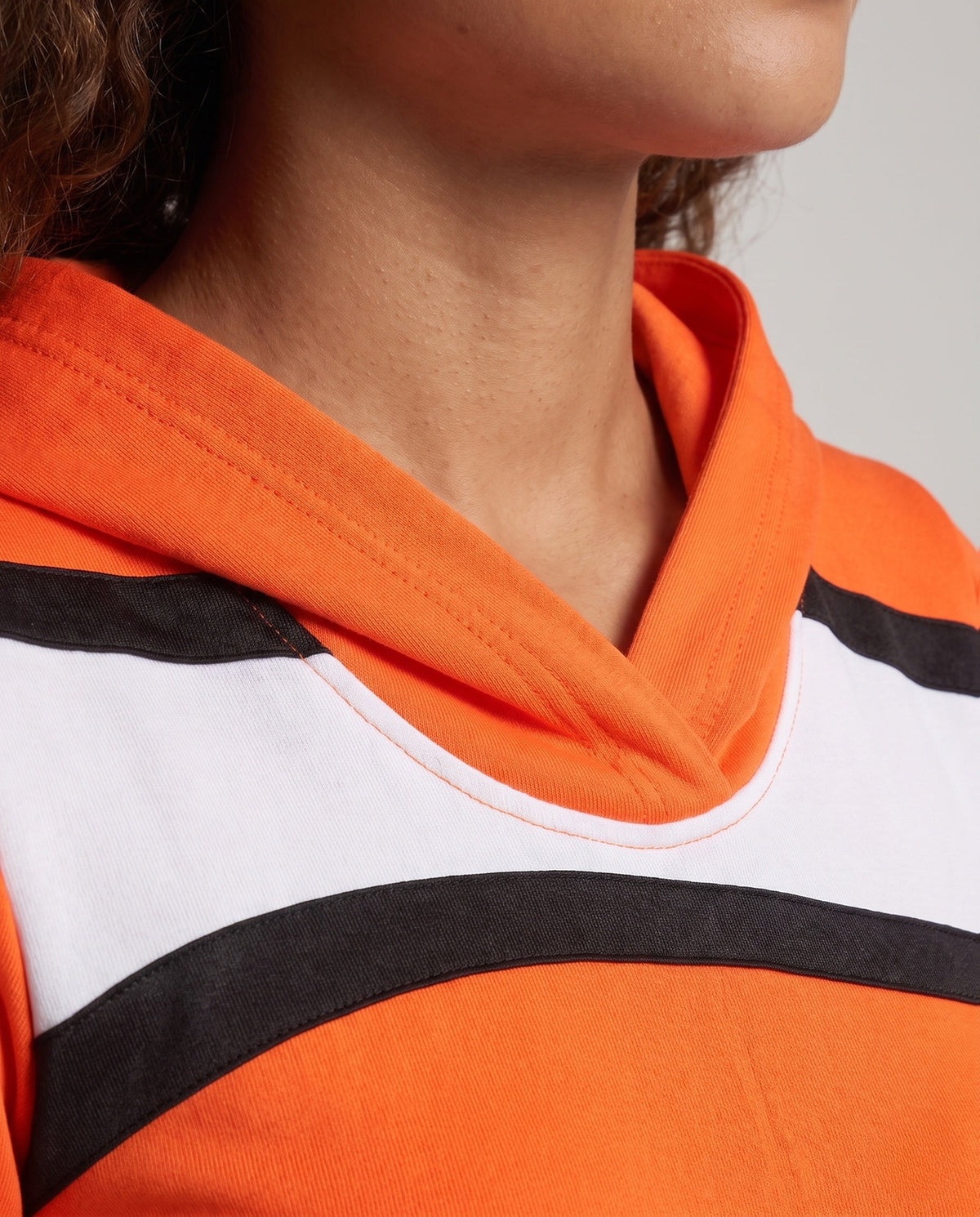 Women's hooded clownfish Halloween costume mini dress in orange with white and black stripes and tail fin - view 2