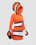 Women's hooded clownfish Halloween costume mini dress in orange with white and black stripes and tail fin - view 4