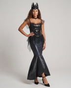 Women's black siren mermaid Halloween costume with sequin corset-style bodice and scale-print fishtail skirt