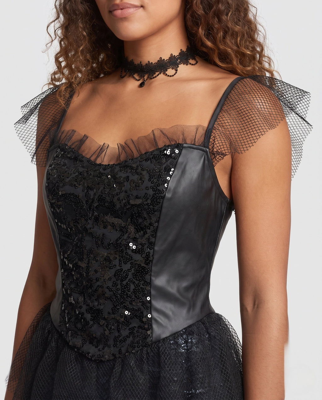 Women's black siren mermaid Halloween costume with sequin corset-style bodice and scale-print fishtail skirt - view 2