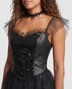 Women's black siren mermaid Halloween costume with sequin corset-style bodice and scale-print fishtail skirt - view 2