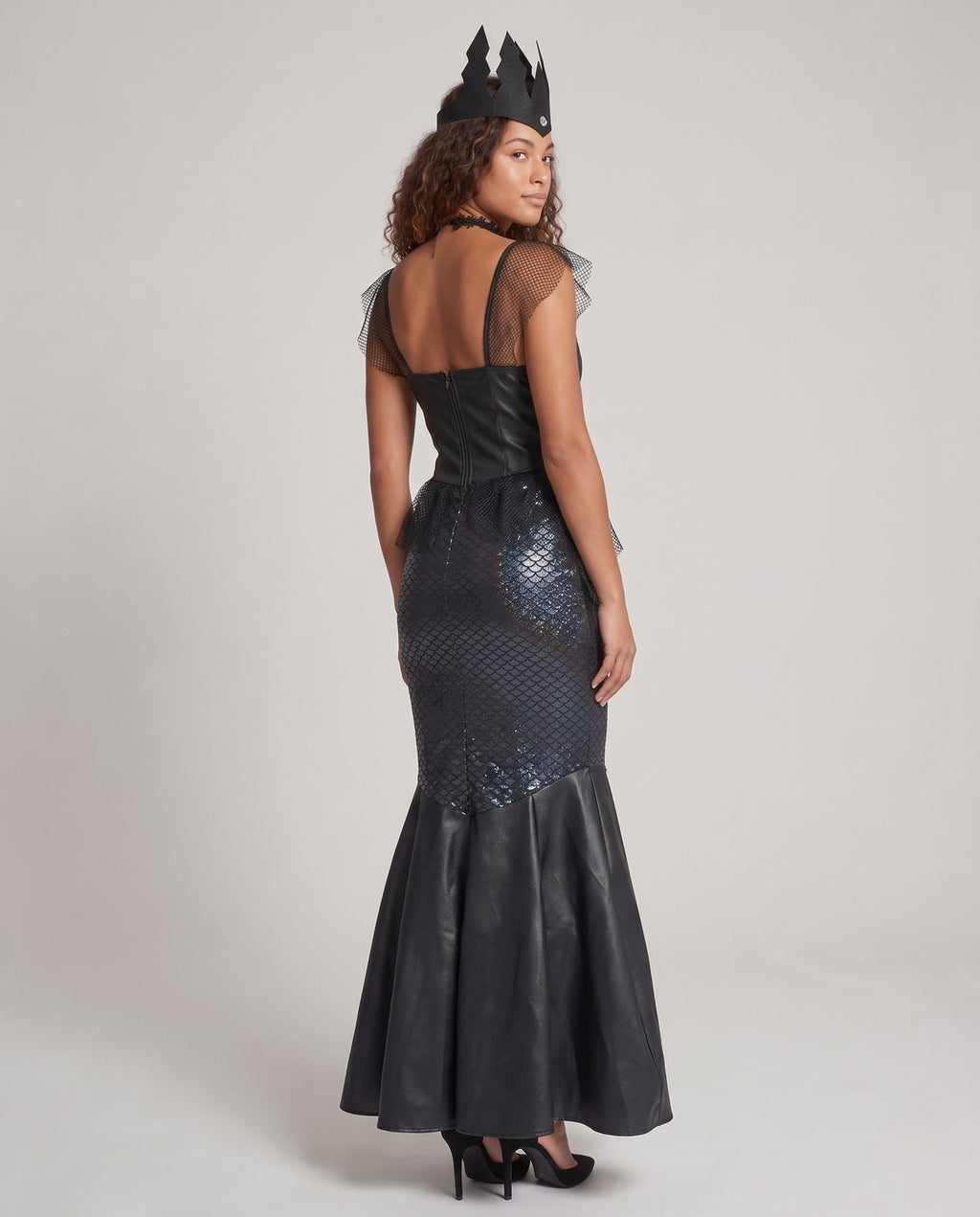 Women's black siren mermaid Halloween costume with sequin corset-style bodice and scale-print fishtail skirt - view 3