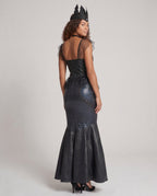 Women's black siren mermaid Halloween costume with sequin corset-style bodice and scale-print fishtail skirt - view 3