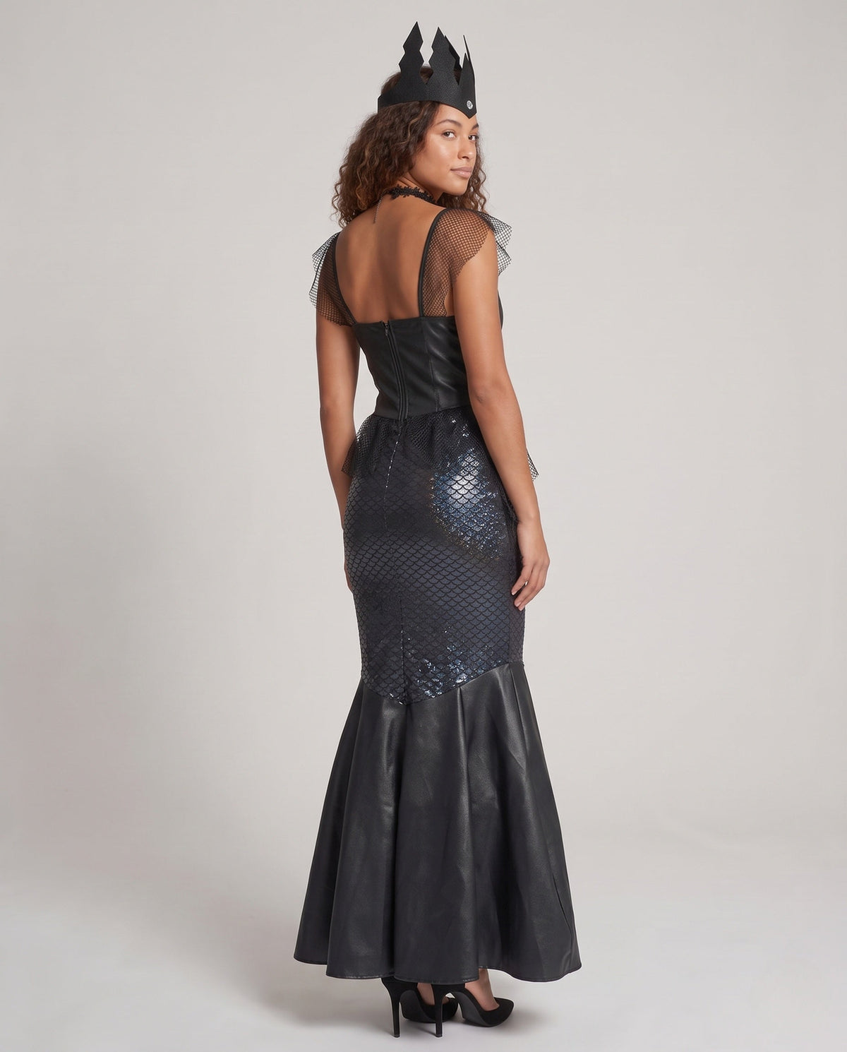 Women's black siren mermaid Halloween costume with sequin corset-style bodice and scale-print fishtail skirt - view 3