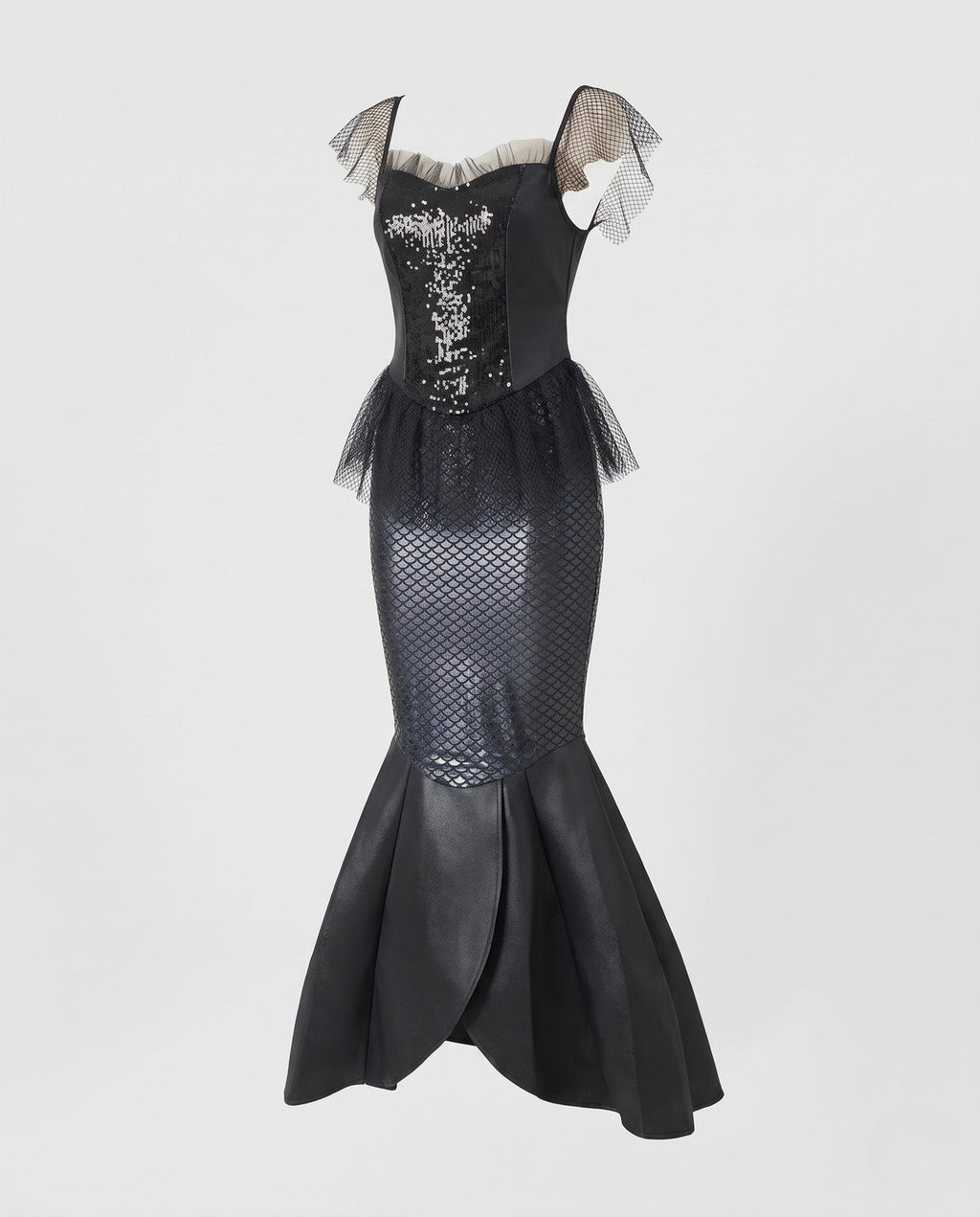Women's black siren mermaid Halloween costume with sequin corset-style bodice and scale-print fishtail skirt - view 4