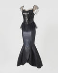 Women's black siren mermaid Halloween costume with sequin corset-style bodice and scale-print fishtail skirt - view 4