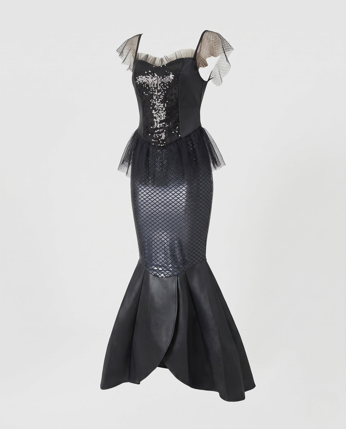 Women's black siren mermaid Halloween costume with sequin corset-style bodice and scale-print fishtail skirt - view 4