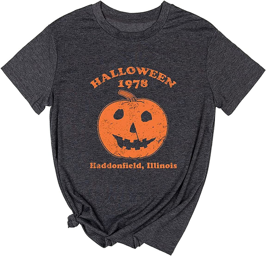 Men's gray crew neck graphic tee with distressed orange jack-o'-lantern Halloween print