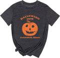 Men's gray crew neck graphic tee with distressed orange jack-o'-lantern Halloween print