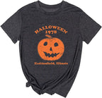 Men's gray crew neck graphic tee with distressed orange jack-o'-lantern Halloween print
