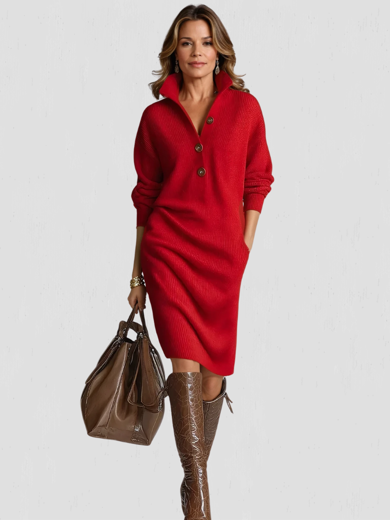 Woman wearing a collared ribbed sweater dress with a three-button V-neck placket and long sleeves