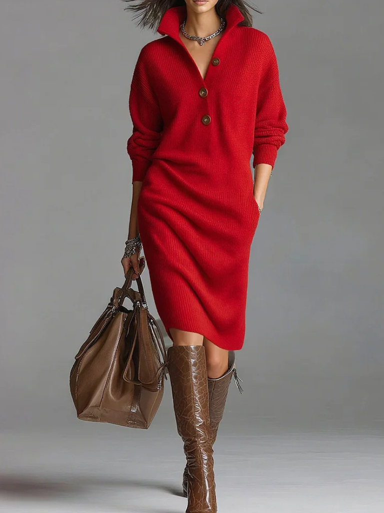 Woman wearing a collared ribbed sweater dress with a three-button V-neck placket and long sleeves - view 2