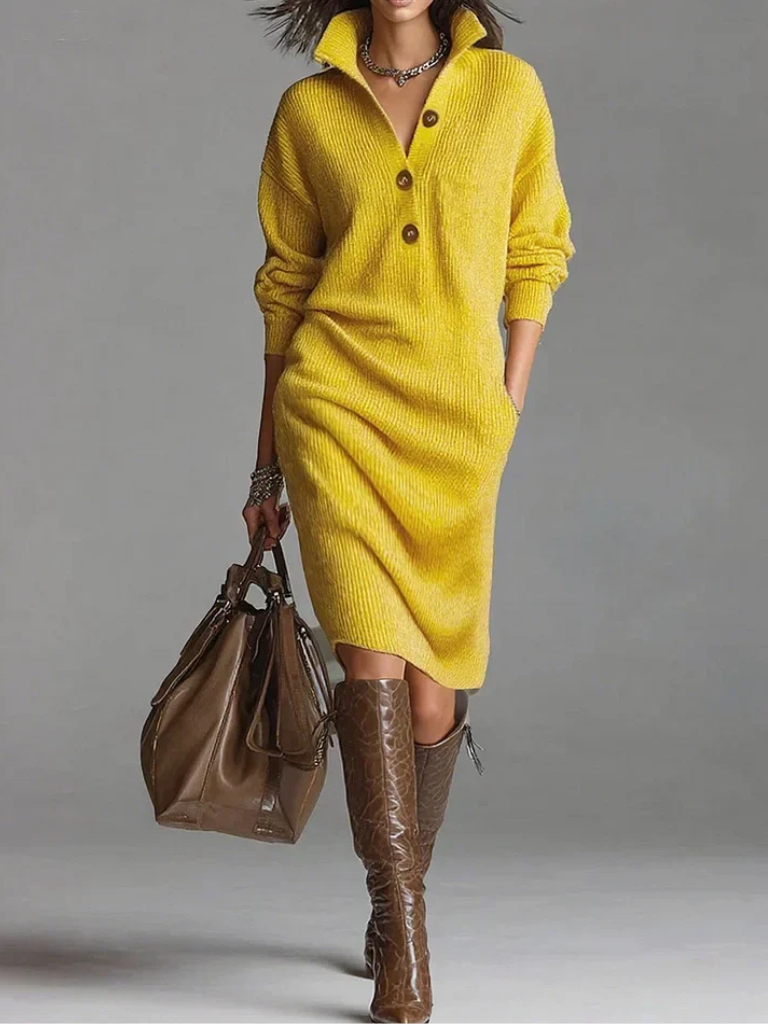 Woman wearing a collared ribbed sweater dress with a three-button V-neck placket and long sleeves - view 4
