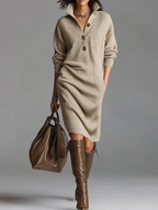 Woman wearing a collared ribbed sweater dress with a three-button V-neck placket and long sleeves - view 6
