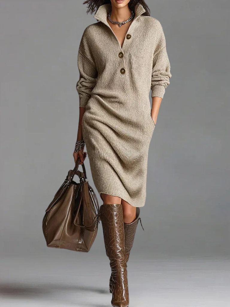 Woman wearing a collared ribbed sweater dress with a three-button V-neck placket and long sleeves - view 6