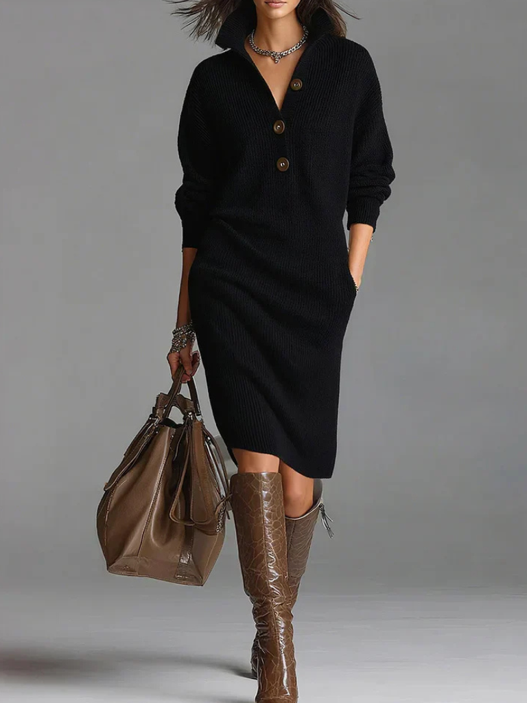 Woman wearing a collared ribbed sweater dress with a three-button V-neck placket and long sleeves - view 8