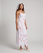 Women's white bloody bride Halloween costume maxi dress with red splatter print and matching veil