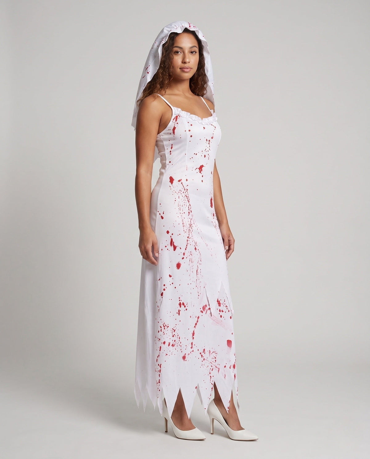 Women's white bloody bride Halloween costume maxi dress with red splatter print and matching veil