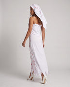 Women's white bloody bride Halloween costume maxi dress with red splatter print and matching veil - view 3