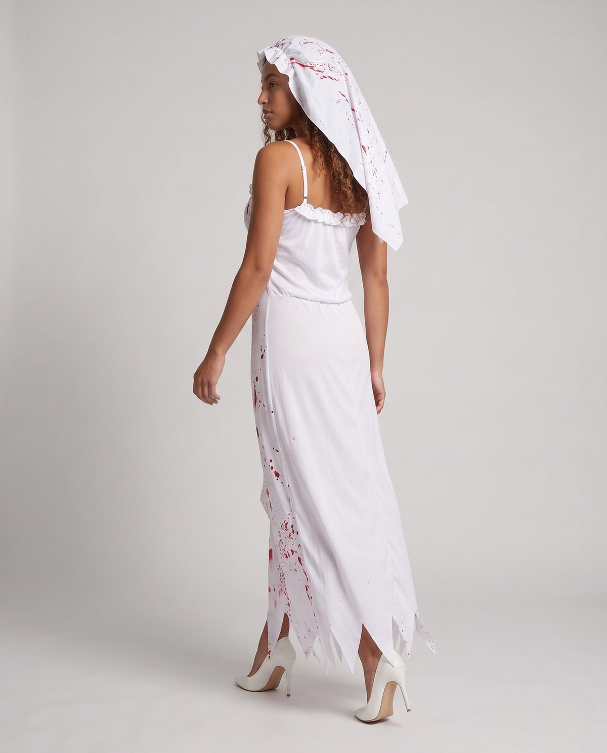 Women's white bloody bride Halloween costume maxi dress with red splatter print and matching veil - view 3