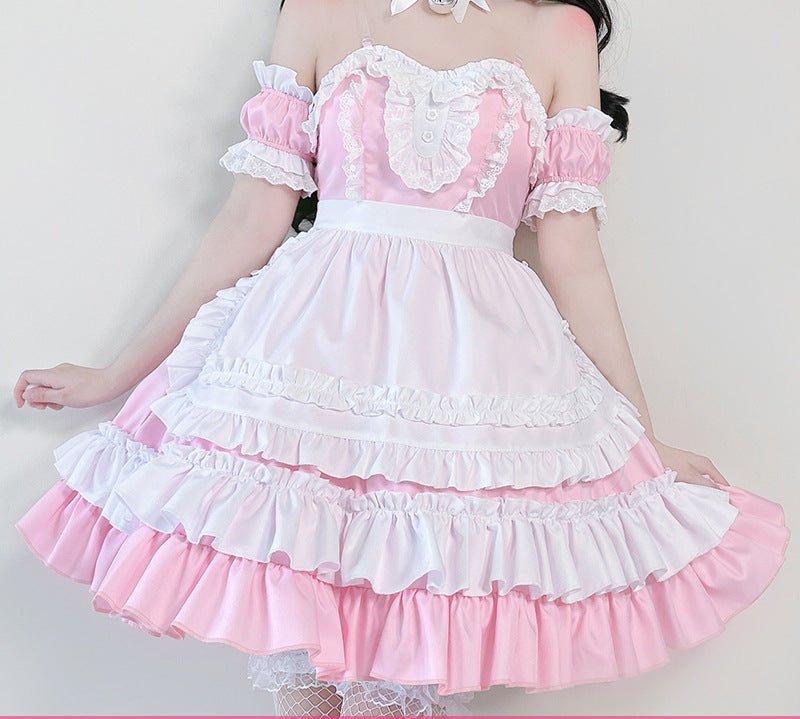 Women's ruffled maid Halloween costume with white tiered apron and lace-trimmed sweetheart bodice - view 2